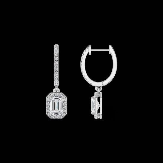 1.50ct Emerald Cut Moissanite Halo Drop Dangle Earrings