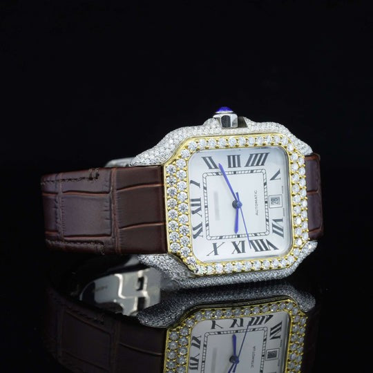 Cartier White Dial With Brown Leather Belt Moissanite Watch