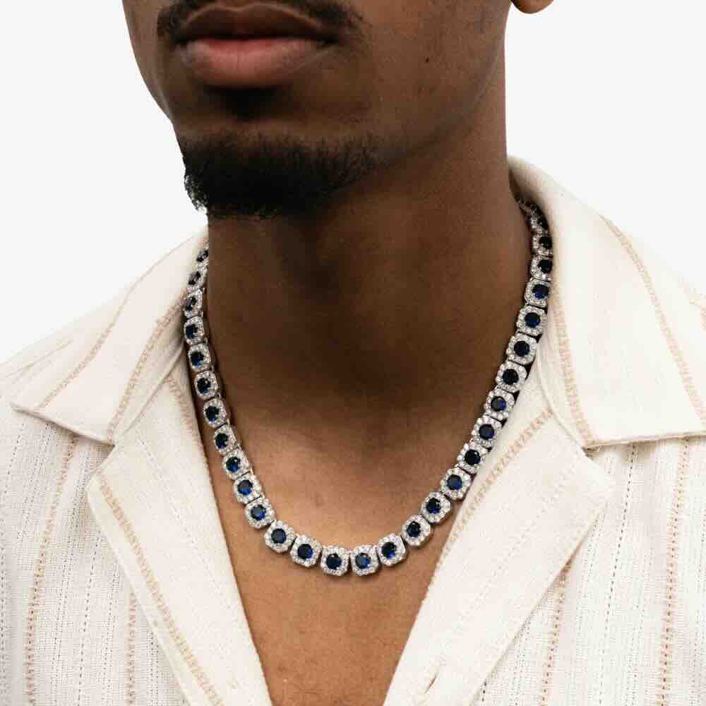 Blue Gemstone Halo Cluster Chain