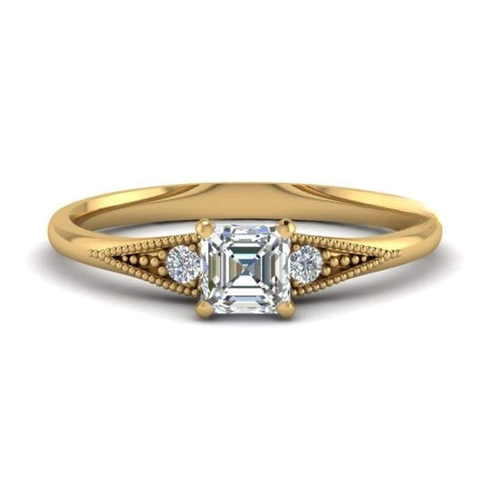Milgrain 2.10ct Three Stone Asscher and Round Cut Moissanite Ring
