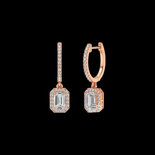 1.50ct Emerald Cut Moissanite Halo Drop Dangle Earrings