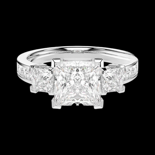 Three Stone and Halo Pattern Princess Cut Moissanite Diamond