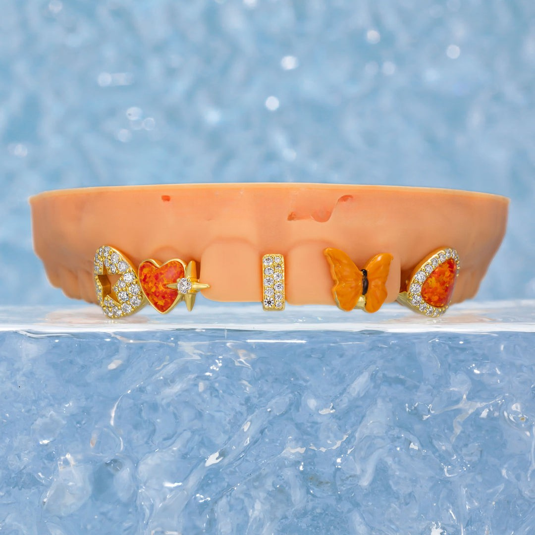 Custom Gap Bar & Colored Opal W Smile Face Grillz