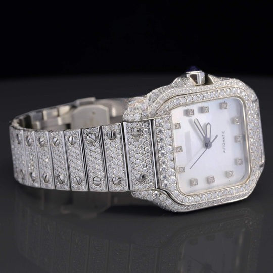 Cartier White Iced Out Moissanite Watch With Swiss Automatic Movement