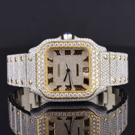 Stylish Fully Iced Out Moissanite Cartier Watch With Date Function