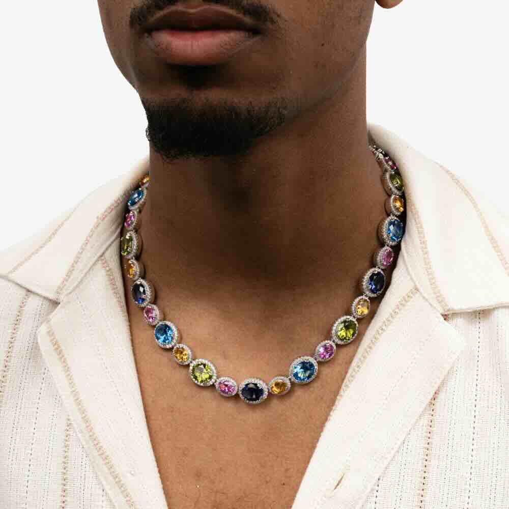Multi Gemstone Oval Cut Moissanite Chain
