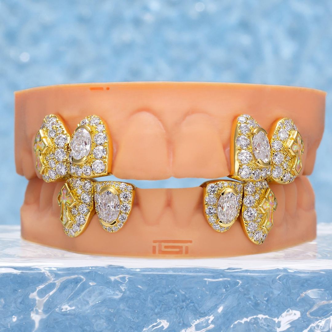 Oval Cut Diamond On Center W Opal Cross Fang Grillz
