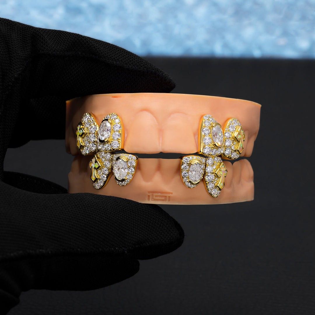 Oval Cut Diamond On Center W Opal Cross Fang Grillz